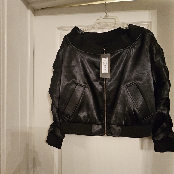 Black Off Shoulder Bomber Jacket - Picture 1 of 4